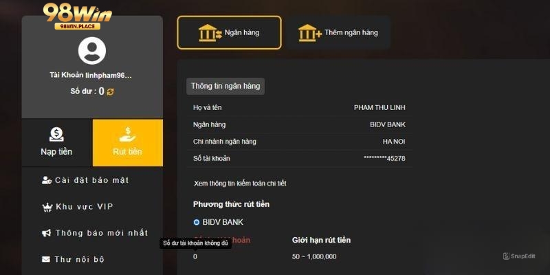 Người chơi cần phải liên kết ngân hàng khi rút tiền 98win